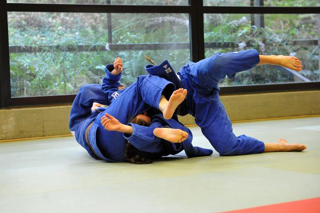Zwei Judoka in blauer Judokleidung üben einen Bodenkampf auf einer tatami in einem lichtdurchfluteten Raum.